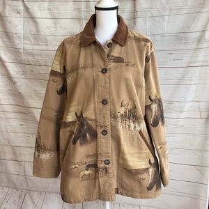 Bit & Bridle brown horse print barn coat large